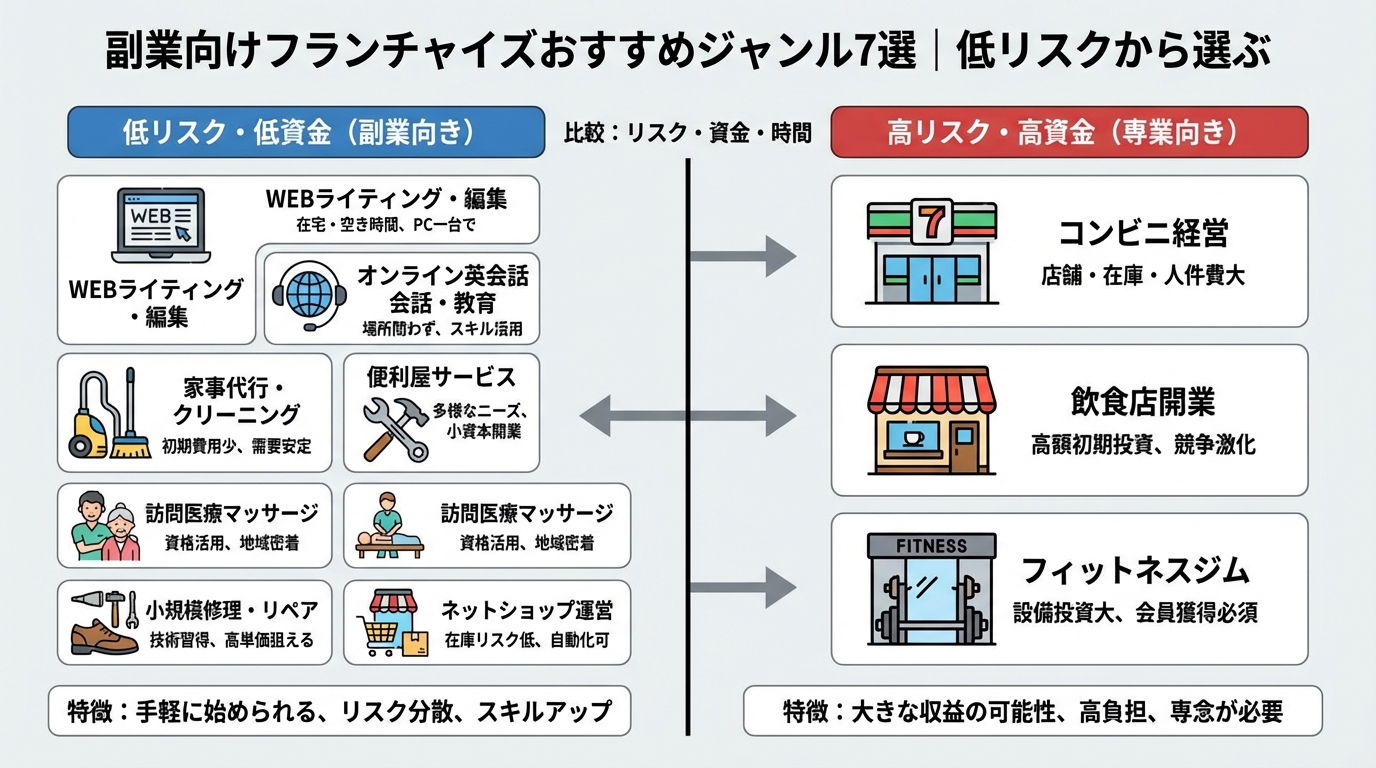 フランチャイズ副業おすすめ7選｜低リスクで始めるための選び方と注意点に関する図解