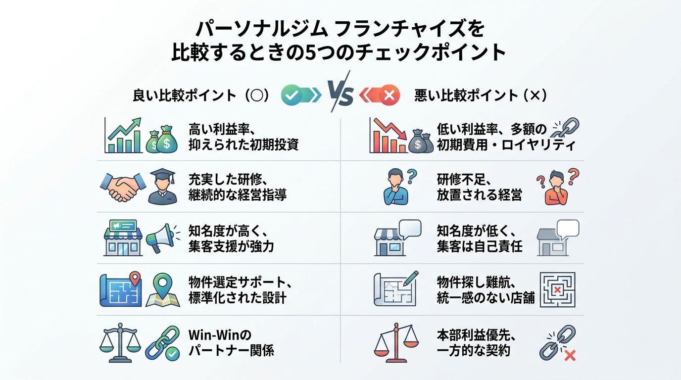 パーソナルジム フランチャイズを比較するときの5つのチェックポイント